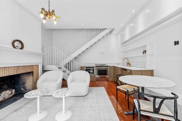 Fireplace, Interior, Kitchen, Pendant Lights, Recessed Lighting, Stainless Steel Appliances, Wood Texture Flooring
