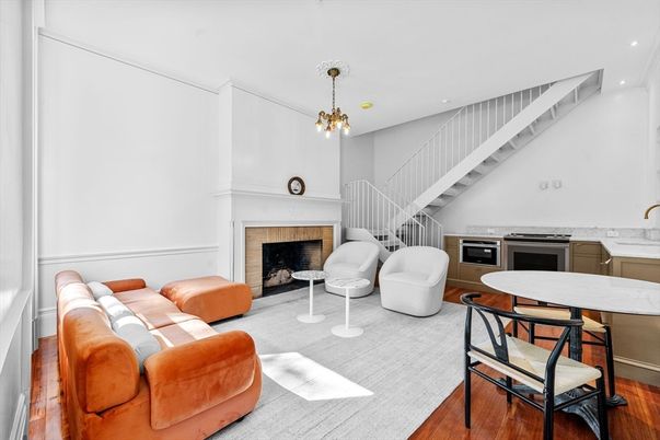 Fireplace, Interior, Living room, Pendant Lights, Recessed Lighting, Wood Texture Flooring