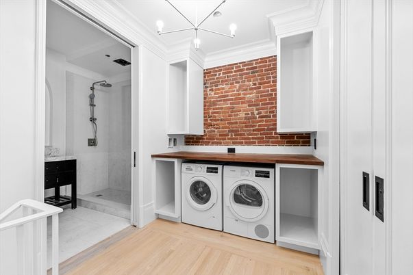 Bathroom, Interior, Stone Walls, Washer, Wood Texture Flooring