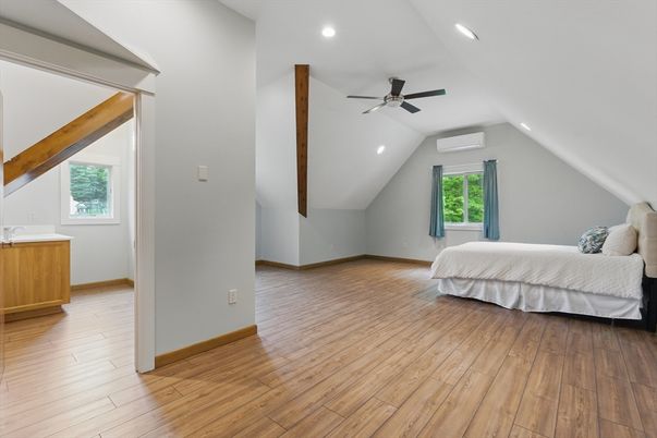 Bedroom, Interior, Recessed Lighting, Wooden Beams, Wood Texture Flooring
