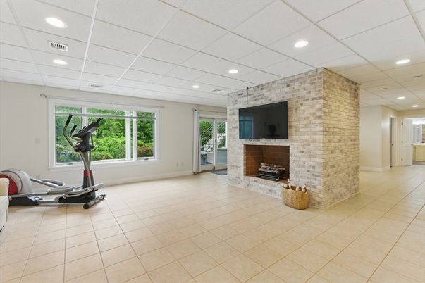 Fireplace, Interior, Recessed Lighting, Stone Walls