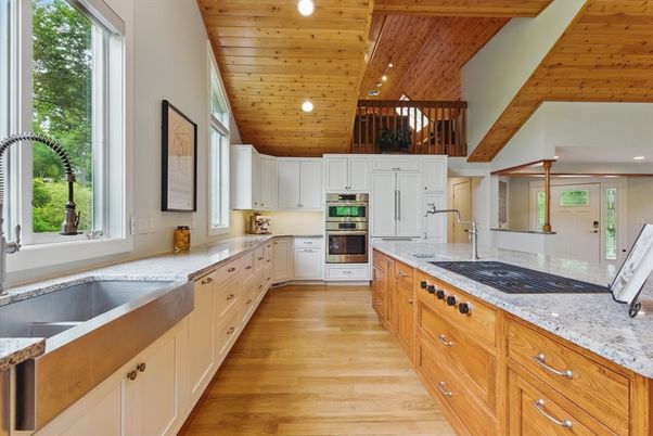 Interior, Kitchen, Recessed Lighting, Stainless Steel Appliances, Wooden Ceilings, Wood Texture Flooring