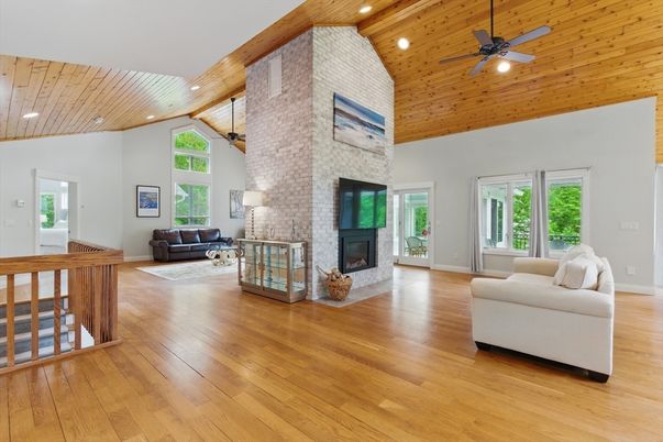 Fireplace, Interior, Living room, Recessed Lighting, Stone Walls, Wooden Ceilings, Wood Texture Flooring