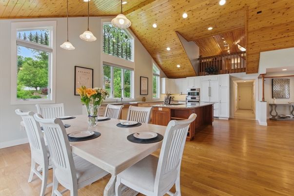 Dining room, Interior, Kitchen, Pendant Lights, Recessed Lighting, Stainless Steel Appliances, Wooden Ceilings, Wood Texture Flooring