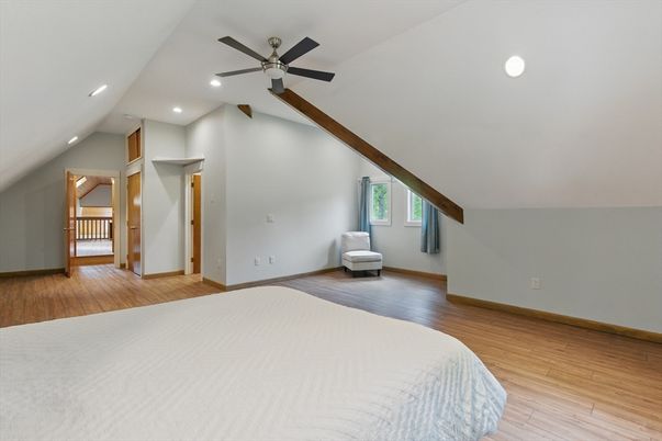 Bedroom, Interior, Recessed Lighting, Wooden Beams, Wood Texture Flooring