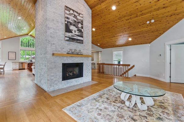 Fireplace, Interior, Recessed Lighting, Stone Walls, Wooden Ceilings, Wood Texture Flooring