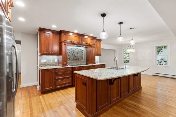 Interior, Kitchen, Pendant Lights, Recessed Lighting, Wood Texture Flooring
