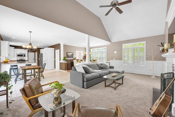 Dining room, Fireplace, Interior, Kitchen, Living room, Pendant Lights, Recessed Lighting, Stainless Steel Appliances