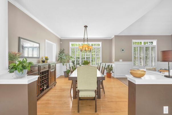 Dining room, Interior, Pendant Lights, Wood Texture Flooring