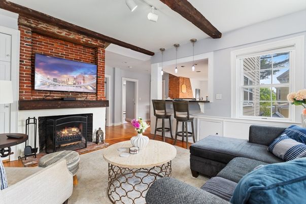 Fireplace, Interior, Kitchen, Living room, Pendant Lights, Recessed Lighting, Stone Walls, Wooden Beams, Wood Texture Flooring