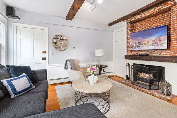 Fireplace, Interior, Living room, Stone Walls, Wooden Beams, Wood Texture Flooring