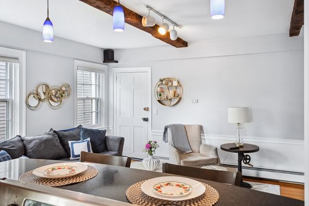 Dining room, Interior, Living room, Pendant Lights, Recessed Lighting, Wooden Beams, Wood Texture Flooring