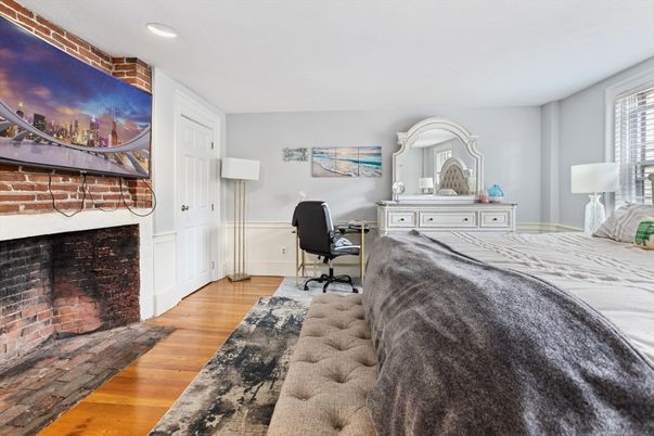 Bedroom, Fireplace, Home Office, Interior, Recessed Lighting, Stone Walls, Wood Texture Flooring