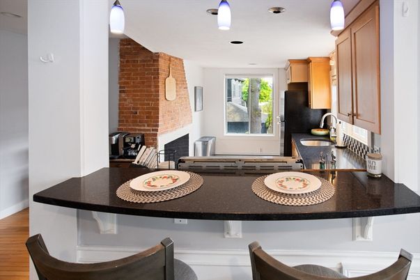 Fireplace, Interior, Kitchen, Recessed Lighting, Stone Walls, Wood Texture Flooring