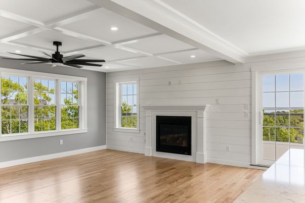 Empty room, Fireplace, Interior, Recessed Lighting, Wood Texture Flooring