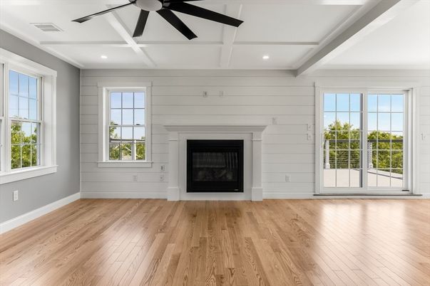 Empty room, Fireplace, Interior, Recessed Lighting, Wood Texture Flooring
