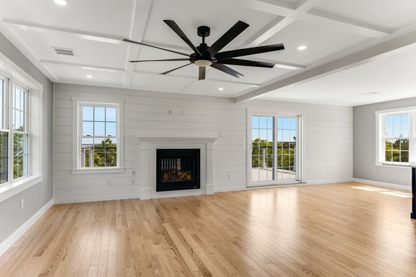 Empty room, Fireplace, Interior, Recessed Lighting, Wood Texture Flooring