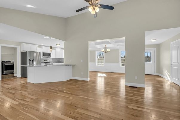 Chandelier, Empty room, Interior, Kitchen, Pendant Lights, Stainless Steel Appliances, Wood Texture Flooring