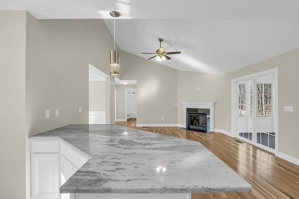 Empty room, Fireplace, Interior, Pendant Lights, Wood Texture Flooring
