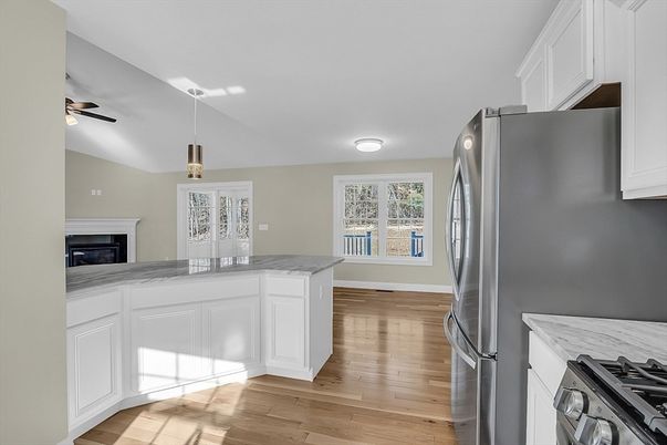 Interior, Kitchen, Pendant Lights, Wood Texture Flooring