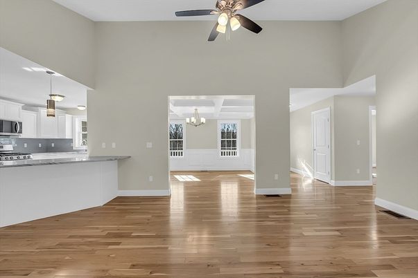 Chandelier, Empty room, Interior, Kitchen, Pendant Lights, Wood Texture Flooring
