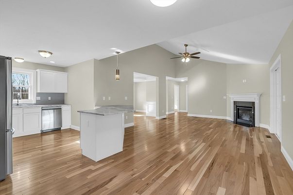 Fireplace, Interior, Kitchen, Pendant Lights, Wood Texture Flooring
