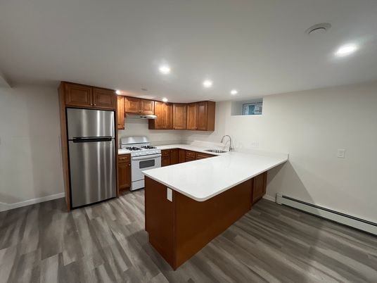 Interior, Kitchen, Recessed Lighting, Stainless Steel Appliances, Wood Texture Flooring