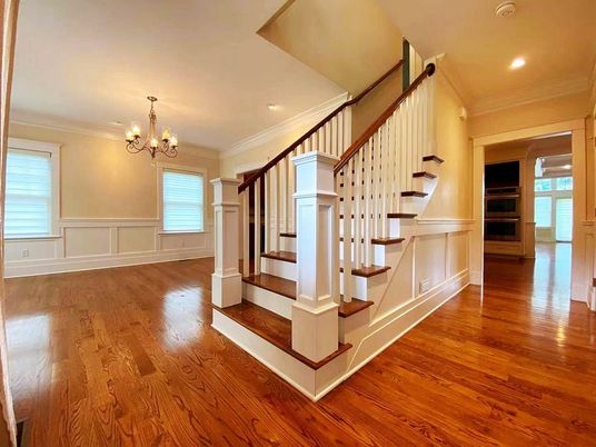 Chandelier, Empty room, Interior, Recessed Lighting, Wood Texture Flooring