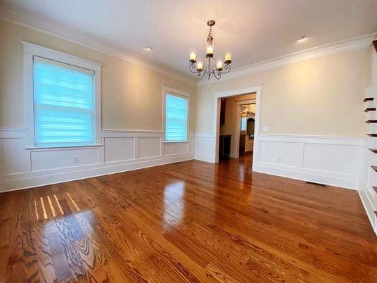 Chandelier, Empty room, Interior, Recessed Lighting, Wood Texture Flooring