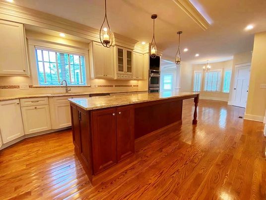 Chandelier, Interior, Kitchen, Pendant Lights, Recessed Lighting, Wood Texture Flooring