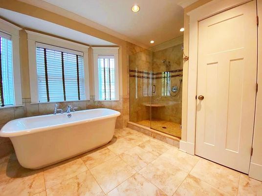 Bathroom, Free Standing Baths, Glass Shower, Interior, Recessed Lighting