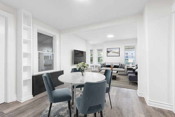 Dining room, Interior, Living room, Recessed Lighting, Wood Texture Flooring