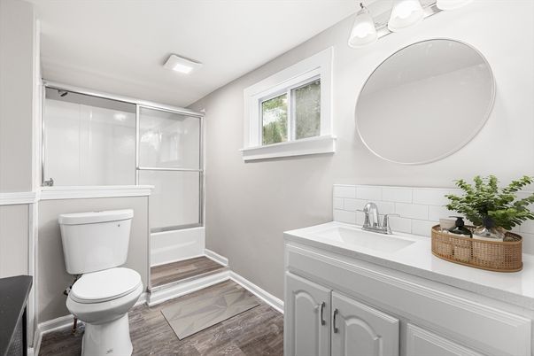 Bathroom, Glass Shower, Interior, Wood Texture Flooring