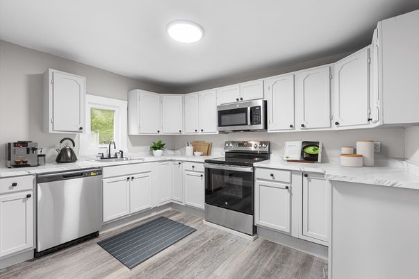 Interior, Kitchen, Recessed Lighting, Stainless Steel Appliances, Wood Texture Flooring
