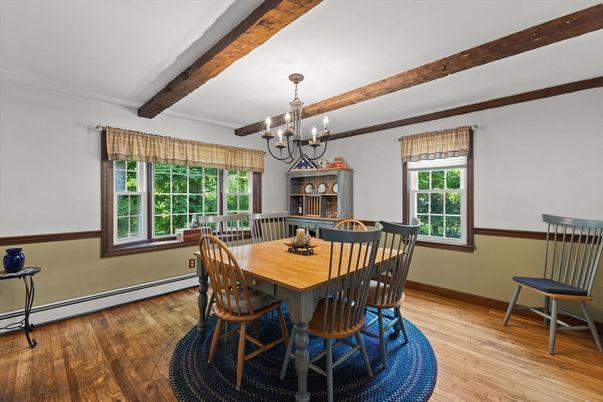 Chandelier, Dining room, Interior, Wooden Beams, Wood Texture Flooring