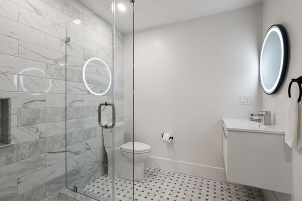 Bathroom, Glass Shower, Interior, Marble Walls, Recessed Lighting