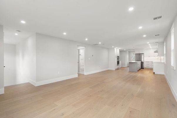 Empty room, Interior, Kitchen, Recessed Lighting, Wood Texture Flooring