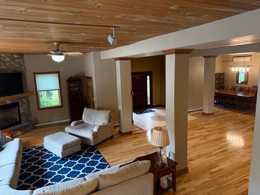 Dining room, Fireplace, Interior, Living room, Pendant Lights, Wooden Ceilings, Wood Texture Flooring