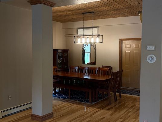 Dining room, Interior, Pendant Lights, Wooden Ceilings, Wood Texture Flooring