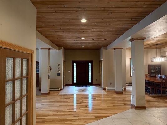 Dining room, Interior, Pendant Lights, Recessed Lighting, Wooden Ceilings, Wood Texture Flooring