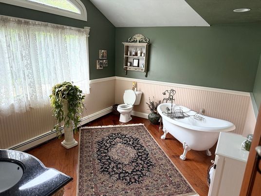 Bathroom, Free Standing Baths, Interior, Recessed Lighting, Wood Texture Flooring