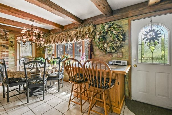 Chandelier, Dining room, Interior, Wooden Beams