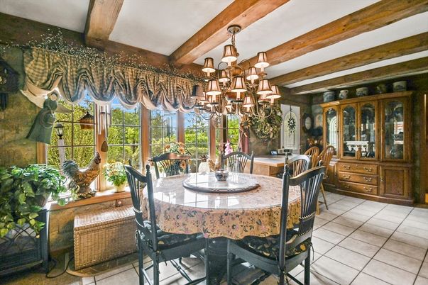 Chandelier, Dining room, Interior, Wooden Beams
