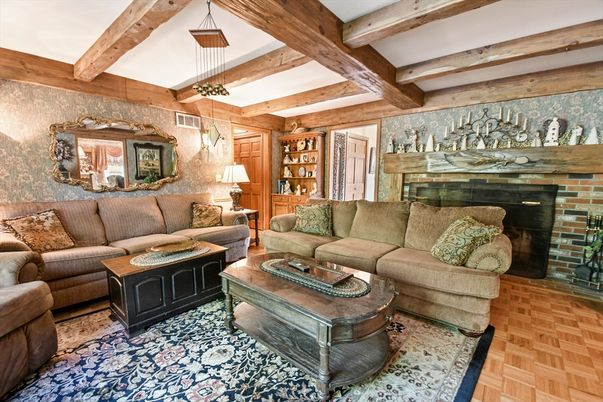 Fireplace, Interior, Living room, Pendant Lights, Stone Walls, Wooden Beams, Wood Texture Flooring