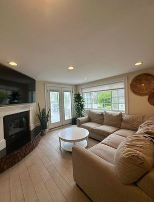 Fireplace, Interior, Living room, Recessed Lighting, Wood Texture Flooring