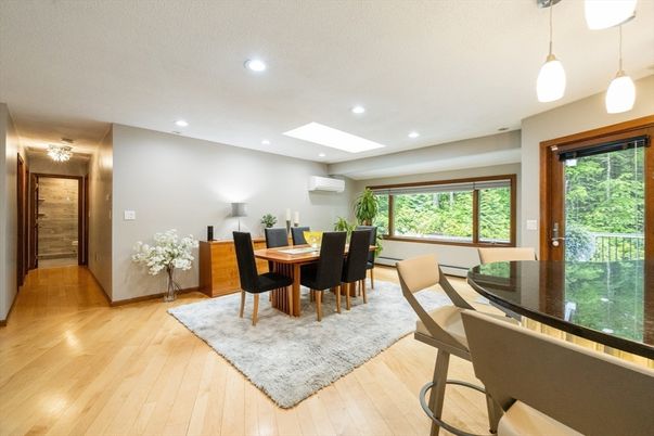 Dining room, Interior, Pendant Lights, Recessed Lighting, Wood Texture Flooring