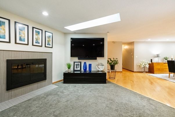 Fireplace, Interior, Recessed Lighting, Wood Texture Flooring