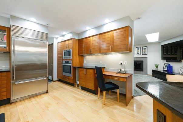Fireplace, Home Office, Interior, Kitchen, Recessed Lighting, Stainless Steel Appliances, Wood Texture Flooring