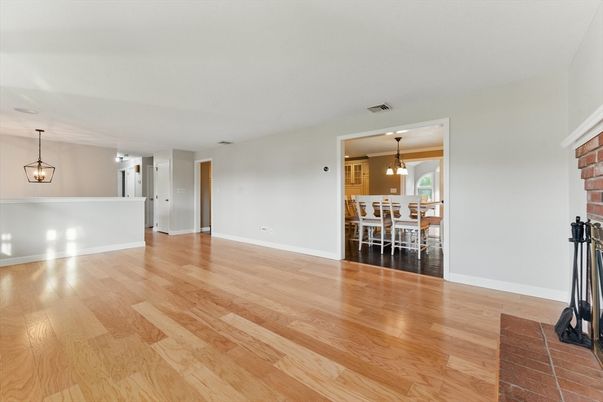 Dining room, Fireplace, Interior, Pendant Lights, Wood Texture Flooring