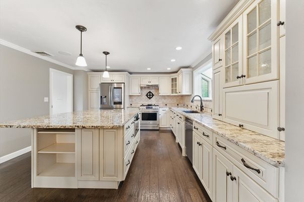 Interior, Kitchen, Pendant Lights, Recessed Lighting, Stainless Steel Appliances, Wood Texture Flooring